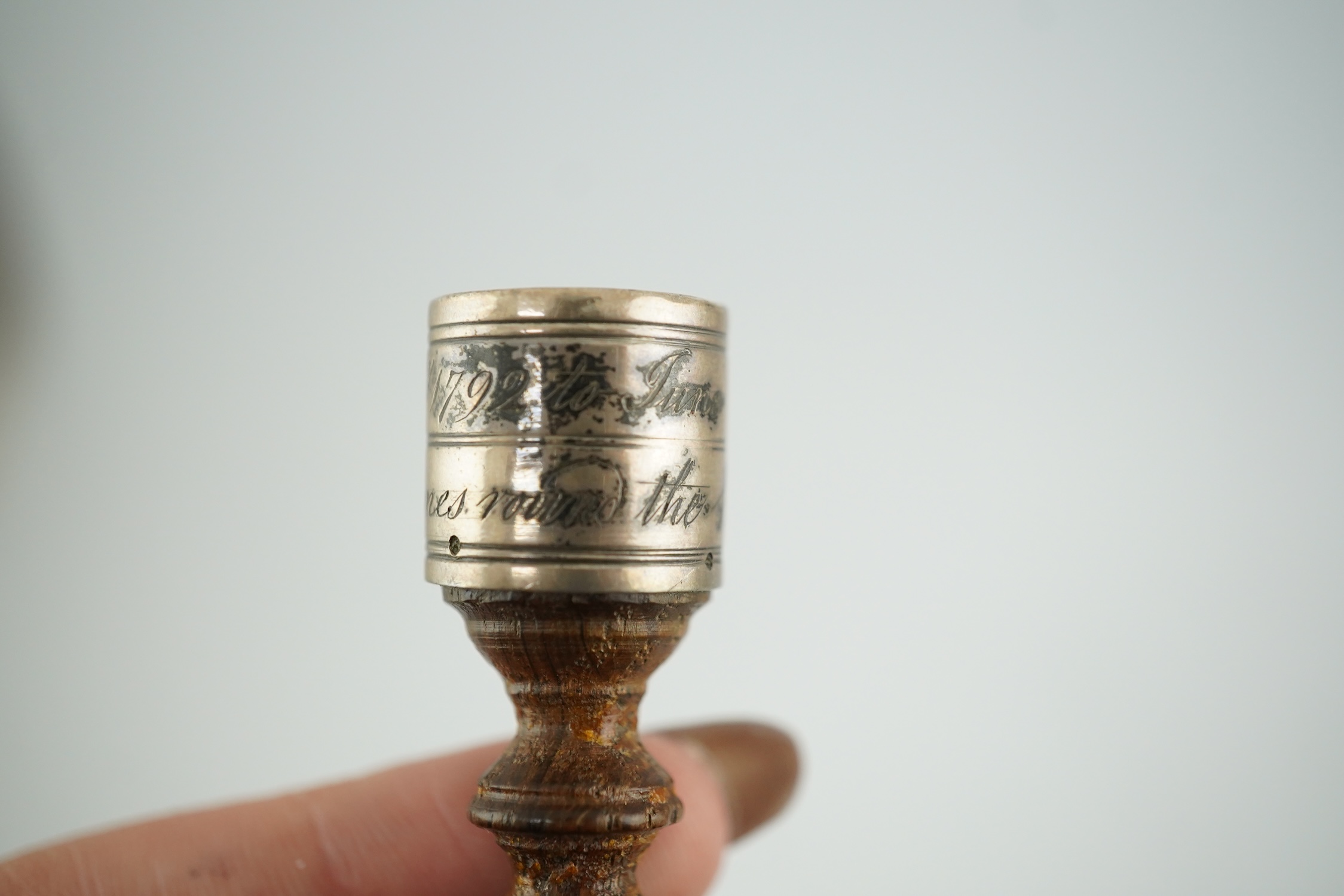 Australian Interest - an antique silver mounted treen miniature tipstaff inscribed 'William Raven, Commander Ship Britannia, From Feby 1792 to June 1797 - Three Times Round the World'. 6cm high. Condition - good